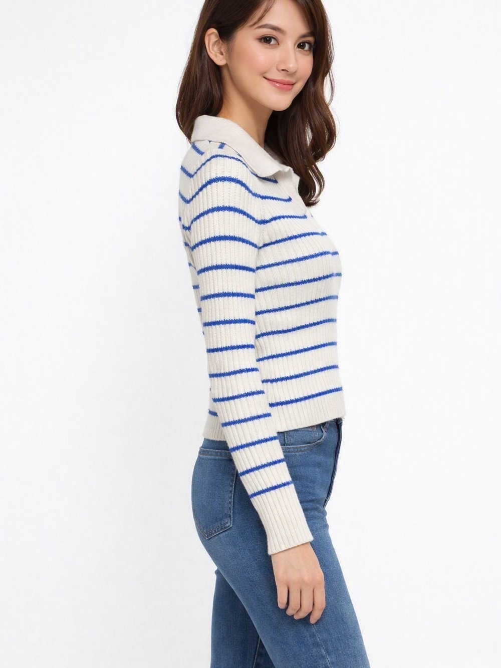 SHEIN Cream Ribbed Collared Sweater with Blue Stripes